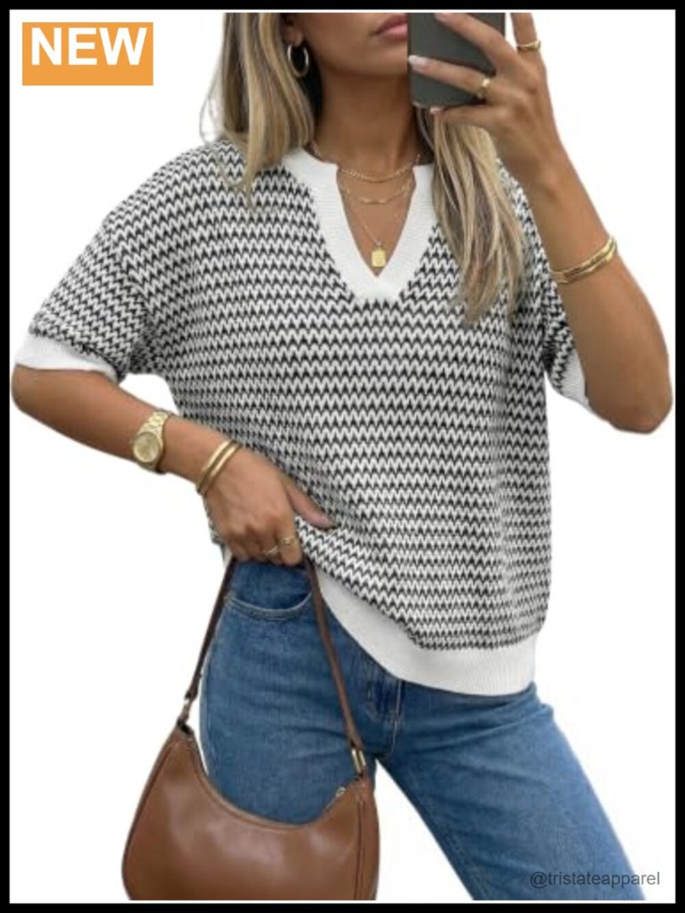 Womens Short Sleeve Striped Sweater Pullover Polo VNeck Work Casual